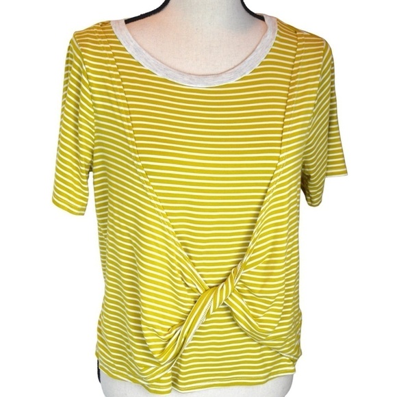 Hem & Thread Short Sleeve Round Neck Striped Twist Double Layer Top, Medium - Picture 5 of 7
